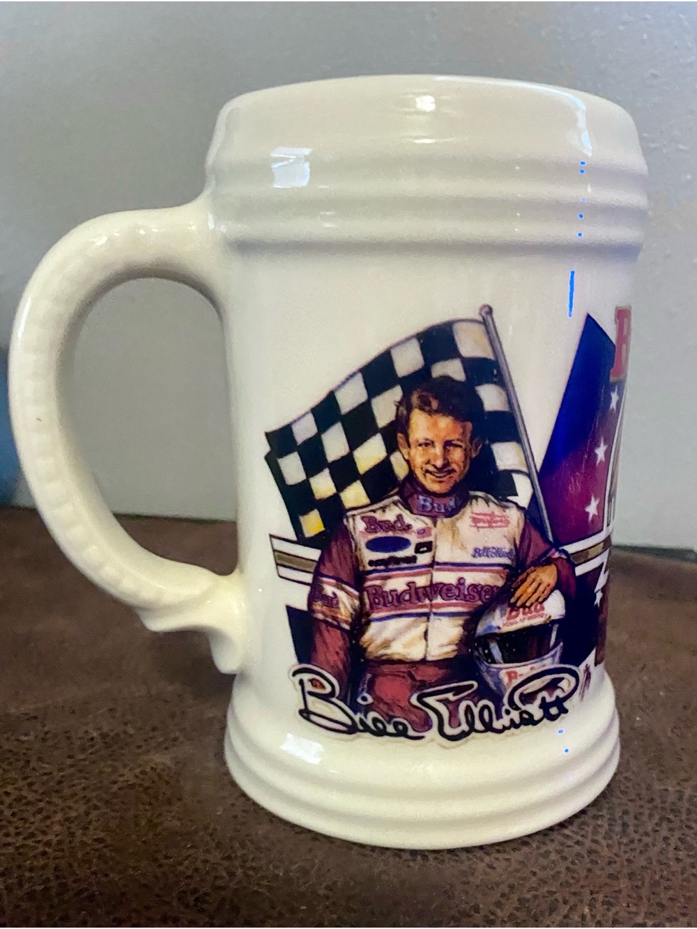 Budweiser 1992 White Ceramic NASCAR Racing Beer Stein w/ Elliott & Jr. Johnson
